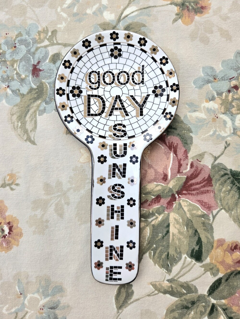 Anthropologie Bistro Tile Mosaic Spoon Rest  White, Black, 24k Gold Accents